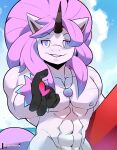  anthro big_hair black_body black_fur black_horn blue_eyes bunnemilk cloud equid equine fur galarian_form galarian_rapidash generation_1_pokemon hair hi_res horn jewelry looking_at_viewer male mammal muscular muscular_male navel necklace nintendo nude pokemon pokemon_(species) purple_hair rapidash regional_form_(pokemon) sea sky smile solo surfboard unicorn water white_body white_fur 