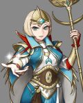  1girl blonde_hair blue_eyes bob_cut elf fingernails grey_background highres holding holding_staff looking_at_viewer outstretched_arm pointy_ears pzkpfwi reaching_towards_viewer robe sash sharp_fingernails short_hair simple_background smile solo staff warhammer_fantasy 