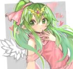  1girl bangs bare_shoulders character_name closed_mouth delaware3850 dress eyes_visible_through_hair feathered_wings fire_emblem fire_emblem:_mystery_of_the_emblem flat_chest green_eyes hair_between_eyes hair_ribbon hand_up headpiece heart highres light_green_hair long_hair looking_to_the_side pink_dress pink_gemstone pink_ribbon pink_scarf pointy_ears ponytail ribbon scarf sleeveless sleeveless_dress solo tiki_(fire_emblem) tiki_(young)_(fire_emblem) white_wings wings 