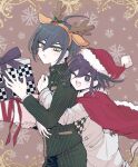  2boys :d ahoge animal_ears bangs black_hair black_jacket black_pants box brown_background buttons cape danganronpa_(series) danganronpa_v3:_killing_harmony deer_antlers deer_ears double-breasted fake_animal_ears fake_antlers from_side fur-trimmed_cape fur-trimmed_headwear fur_trim gift gift_box grey_pants hair_between_eyes hat highres holding holding_box hug hug_from_behind jacket long_sleeves looking_at_viewer male_focus multiple_boys one_eye_closed ouma_kokichi pants purple_hair red_cape saihara_shuuichi santa_hat smile snowflake_print suzuko_(katahaba_v3) teeth upper_teeth_only yaoi 