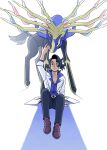  1boy antlers augustine_sycamore belt black_hair brown_footwear collared_shirt effie_lealand highres labcoat looking_at_viewer male_focus pokemon pokemon_(creature) pokemon_(game) pokemon_xy shirt simple_background sitting smile tail white_background xerneas 