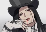  1other androgynous ark1478 black_hair black_headwear blood fingerless_gloves gloves guilty_gear guilty_gear_strive hat highres long_hair looking_at_viewer other_focus parted_lips red_eyes red_lips testament_(guilty_gear) top_hat white_gloves 