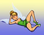  2020 arm_support blonde_hair blue_eyes blush breasts camel_toe clothing dress fairy feet_together female front_view full-length_portrait gradient_background green_clothing green_dress green_panties green_slippers green_underwear hair hair_bun hi_res humanoid insect_wings leaning_on_elbow lips looking_at_viewer lying on_back panties pears_(artist) peter_pan pinup plantigrade portrait pose red_lips simple_background solo spread_legs spreading tinker_bell_(disney) translucent translucent_wings underwear winged_humanoid wings 