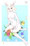  2022 anthro artist_name biped blue_background border breasts digital_media_(artwork) easter easter_egg eyebrows eyelashes featureless_breasts female flower full-length_portrait fur hair hi_res hindpaw holidays lagomorph leporid looking_at_viewer mammal navel nude paws pink_eyes pink_inner_ear plant portrait rabbit shaded simple_background solo v3nusbby white_body white_border white_fur white_hair 