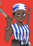  1girl absurdres african_clothes black_sash blue_shirt dark-skinned_female dark_skin grey_eyes gun hat highres holding holding_sword holding_weapon looking_at_viewer mole mole_under_eye open_mouth original pzkpfwi red_background rifle sash shirt short_hair simple_background slit_pupils solo striped striped_shirt sword upper_body very_dark_skin very_short_hair weapon 