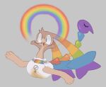  anthro bodily_fluids brown_body brown_fur diaper female fur genital_fluids grey_background hi_res l33t_(labbit1337) labbit labbit1337 lagomorph mammal rainbow simple_background solo urine watersports wet_diaper wetting wetting_diaper 