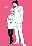  2boys artist_name bangs bespectacled brothers child copyright_name crossed_arms full_body glasses hair_bun hair_over_one_eye half_updo height_difference hunter_x_hunter illumi_zoldyck killua_zoldyck leaning_on_person leaning_to_the_side long_hair long_sleeves looking_at_viewer male_child male_focus monochrome morisita_suu multiple_boys pants pink_background profile shoes short_hair siblings sideways_glance simple_background single_hair_bun sketch sneakers standing 