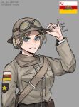  1girl blonde_hair blue_eyes close-up flag goggles goggles_on_headwear grey_background hearts_of_iron helmet highres jewelry kaiserreich military military_uniform patch pinky_out pzkpfwi ring short_hair sketch teeth uniform 