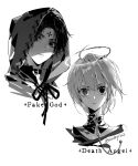  2boys ahoge alternate_eye_color bangs chain choker chrollo_lucilfer closed_mouth cross detached_collar earrings english_text facial_mark forehead_mark glint greyscale halo heterochromia highres hood hood_up hunter_x_hunter jewelry kickylian kurapika looking_at_viewer male_focus monochrome multiple_boys pendant portrait short_hair simple_background twitter_username 