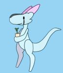  anthro blue_body blue_scales blue_tail facial_markings head_markings holding_object horn kobold markings plant scales scalie simple_background smile solo squablodecomplash standing tail 
