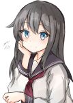  1girl alternate_costume asashio_(kancolle) bangs black_hair black_sailor_collar blue_eyes blush closed_mouth commentary_request dakkusu day hair_between_eyes highres kantai_collection long_hair long_sleeves looking_at_viewer neckerchief red_neckerchief sailor_collar school_uniform serafuku shirt signature simple_background smile solo white_background white_shirt 