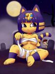  animal_crossing ankha_(animal_crossing) anthro bandage big_breasts bodily_fluids breasts cemetery chest_wraps domestic_cat duo egyptian_headdress felid feline felis female fog fur hair hakimurax hi_res human male mammal markings moon navel night nintendo plant purple_body purple_eyes purple_hair purple_stripes sitting sky spider_web star striped_markings striped_tail stripes sweat sweatdrop tail tail_markings thick_thighs tombstone tree villager_(animal_crossing) wide_hips wraps yellow_body yellow_fur 