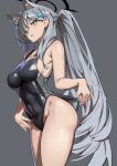  1girl animal_ear_fluff animal_ears black_one-piece_swimsuit blue_archive blue_eyes blush breasts clothes_pull competition_swimsuit covered_navel cowboy_shot cross_hair_ornament dark_halo extra_ears grey_background grey_hair hair_ornament hair_over_one_eye hairclip halo highleg highleg_swimsuit highres large_breasts long_hair looking_at_viewer multicolored_clothes multicolored_swimsuit one-piece_swimsuit one-piece_swimsuit_pull parted_lips ponytail pulled_by_self shiroko_(blue_archive) shiroko_(swimsuit)_(blue_archive) shiroko_(terror)_(blue_archive) simple_background simplecar solo swimsuit thighs very_long_hair wolf_ears 