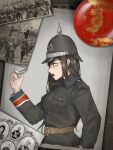  1girl belt black_jacket brown_belt brown_eyes brown_hair eyepatch from_side hearts_of_iron helmet highres holding holding_whistle jacket kaiserreich korea long_hair long_sleeves military military_helmet military_uniform mole mole_under_eye open_mouth photo_inset profile pzkpfwi soldier solo uniform whistle 