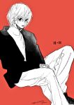  1boy artist_name bangs casual chain closed_mouth copyright_name earrings feet_out_of_frame hunter_x_hunter invisible_chair jacket jewelry knee_up kurapika long_sleeves looking_at_viewer male_focus monochrome morisita_suu pants red_background ring short_hair sitting sketch solo turtleneck 