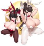  2girls animal_ears armpits arms_up bangs blue_eyes blush bow bowtie breasts brown_eyes brown_pantyhose bunny_pose collar commentary_request covered_nipples detached_collar eyebrows_hidden_by_hair fake_animal_ears gloves hair_between_eyes half_gloves high_heels highres huge_breasts leotard long_hair looking_at_viewer multiple_girls omizu_(h2o) open_mouth original pantyhose playboy_bunny ponytail rabbit_ears rabbit_tail red_bow red_gloves red_leotard sidelocks simple_background skindentation squatting tail thighhighs white_background white_gloves white_leotard white_pantyhose wrist_cuffs 