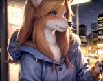  ai_generated anonymous_artist anthro canid canine city city_background clothing detailed_background female fox jacket mammal night outside solo topwear 