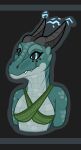 anthro black_horn blue_eyes breasts clothing dragon eye_scar eyelashes facial_scar fangs female green_body green_clothing green_scales hi_res horn markings multicolored_body multicolored_scales naylah_(squablodecomplash) scales scar solo squablodecomplash teeth two_tone_body two_tone_scales white_body white_scales 