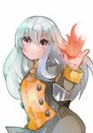  1girl artist_name bangs closed_mouth commentary delaware3850 eyes_visible_through_hair fire fire_emblem fire_emblem:_three_houses frown garreg_mach_monastery_uniform grey_hair hair_between_eyes hand_up highres juliet_sleeves long_hair long_sleeves looking_at_viewer lysithea_von_ordelia pink_eyes puffy_sleeves simple_background solo uniform white_background 