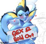  &lt;3 anthro beady_eyes big_breasts big_tail black_eyes blue_body blue_scales blush breasts bunnemilk canid covering covering_breasts duo ear_fins eeveelution female fin generation_1_pokemon huge_breasts long_tail looking_at_viewer male mammal marine navel nintendo pokemon pokemon_(species) pokemon_trainer scales simple_background small_waist tail text vaporeon white_background wide_hips 