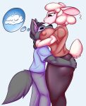  absurd_res anthro bedroom_eyes big_breasts big_butt black_eyes bovid breasts butt canid canine canis caprine clothed clothing cloud cute_expression cute_eyes duo embrace erect_nipples_under_clothes erection female fur grey_body grey_fur head_between_breasts hi_res holding_butt hug humanoid jim_the_lamb long_tail male mammal narrowed_eyes nipple_outline pink_eyes question_mark raised_tail seductive sheep simple_background tail taller_female thick_thighs thought_bubble twtr white_body white_fur white_wool wolf wolf_(twtr) wool_(fur) 