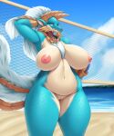  &lt;3 2022 5:6 alternate_version_at_source anthro areola ball beach belly big_breasts blue_eyes blue_sky breasts capcom chest_tuft cloud curvy_figure digital_media_(artwork) fanged_wyvern female genitals hand_behind_head holding_ball holding_object horn huge_breasts looking_at_viewer mleonheart monster_hunter navel net nipples nude one_eye_closed pussy sand seaside sky solo thick_thighs tuft volleyball_(ball) volleyball_net voluptuous water wide_hips wink winking_at_viewer zinogre 