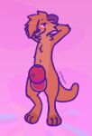  anthro baseball_cap blush bodily_fluids chester_the_otter clothing covering covering_crotch digital_media_(artwork) eledensfw hands_behind_head hat headgear headwear looking_at_viewer male mammal mustelid nude otter pink_background simple_background smile smiling_at_viewer solo standing 
