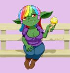  absurd_res bench breasts chispa_(jdanieloart) cleavage clothed clothing dessert erect_nipples fangs female food goblin hair hi_res humanoid ice_cream jdanieloart multicolored_hair nipples pupils slit_pupils smile solo teeth 