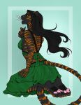  abstract_background amber_eyes anthro arctikah_(artist) arrogant azebet_(vixym) back_stripes black_body black_fur black_hair black_pawpads bow_ribbon clawed_fingers claws claws_out clothed clothing confident disapproval disapprove dress fangs felid female fur green_clothing green_dress hair hi_res hindpaw inner_ear_fluff kneeling kneeling_position long_hair looking_back mammal markings melanistic orange_stripes pantherine pawpads paws pink_pawpads pinup pose rear_view solo striped_body striped_fur striped_markings stripes tail_fluff teeth tiger tuft whiskers 