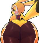  2023 anthro big_butt black_eyes bottomwear butt butt_cleavage clothing cosplay_pikachu_(costume) dipstick_ears dipstick_tail female generation_1_pokemon hi_res huge_butt kiseff looking_at_viewer looking_back markings mask multicolored_ears nintendo pants pikachu pikachu_libre pokemon pokemon_(species) pupils solo sports_mask sportswear tail tail_markings thick_thighs white_pupils wide_hips wrestling_mask wrestling_outfit yellow_body 