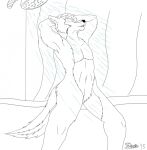  2015 anthro bathing canid canine canis eyes_closed fangs featureless_crotch fur hand_on_head hi_res male mammal marcus_hunter marcushunter navel nude open_mouth shower shower_curtain shower_head showering signature solo standing teeth wolf 