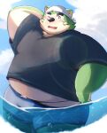  2023 absurd_res anthro belly big_belly black_nose blush canid canine canis clothing cloud detailed_background domestic_dog green_body hi_res kemono lifewonders live_a_hero male mammal metaporin mokdai one_eye_closed outside overweight overweight_male shirt solo swimwear topwear water wink 