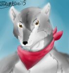  2015 anthro canid canine canis ears_up fur hair headshot_portrait looking_at_viewer low_res male mammal marcus_hunter marcushunter mouth_closed portrait red_scarf scarf signature smile smiling_at_viewer solo wolf 