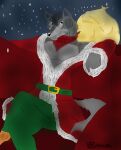  2011 anthro belt bottomwear canid canine canis christmas clothing costume crossed_legs ears_up fur green_belt green_bottomwear green_clothing green_pants hair holidays looking_at_viewer male mammal marcus_hunter marcushunter mouth_closed pants red_scarf sack santa_costume scarf signature sitting smile smiling_at_viewer snow snowing solo wolf yellow_belt_buckle 