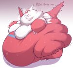  anthro belly big_belly bodily_fluids furkelpu generation_3_pokemon hi_res huge_belly hyper hyper_belly latias legendary_pokemon morbidly_obese morbidly_obese_anthro motion_lines nintendo obese obese_anthro overweight overweight_anthro pokemon pokemon_(species) simple_background solo sweat thick_thighs 