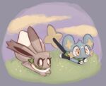  detailed_background duo eevee female feral generation_1_pokemon generation_4_pokemon grass hi_res labbit1337 male nintendo plant pokemon pokemon_(species) pokemon_mystery_dungeon running shinx sky 