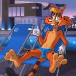  1:1 anthro blue_clothing blue_speedo blue_swimwear bobcat bonkers_(series) bonkers_d._bobcat bulge clothing detailed_bulge eyewear eyewear_on_head felid feline fernley gloves handwear hi_res lynx male mammal orange_body paws pool_chair poolside sitting solo speedo spots spotted_body sunglasses sunglasses_on_head swimwear 