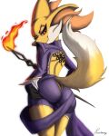  2023 4:5 anthro big_butt butt butt_grab clothed clothing cosplay dark_souls delphox digital_media_(artwork) digital_painting_(artwork) female fire fromsoftware generation_6_pokemon gloves hand_on_butt handwear hi_res holding_butt looking_at_viewer looking_back looking_back_at_viewer nintendo paradoxing pokemon pokemon_(species) red_eyes seductive simple_background solo staff 