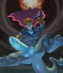  anthro anus armor aurelion_sol_(lol) balls big_balls big_penis blue_body blue_tongue bodily_fluids bracers claws crown cum cum_on_penis dragon eyelid_pull feet genital_fluids genitals hair headgear hi_res huge_penis league_of_legends low-angle_view male meatshaq muscular muscular_anthro muscular_male nude penis red_hair riot_games scalie solo tongue tongue_out 