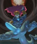  anthro anus armor aurelion_sol_(lol) balls big_balls big_penis blue_body blue_tongue bracers claws crown dragon eyelid_pull feet genitals hair headgear hi_res huge_penis league_of_legends low-angle_view male meatshaq muscular muscular_anthro muscular_male nude penis red_hair riot_games scalie solo tongue tongue_out 