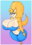 anthro bedroom_eyes big_breasts blue_eyes border breasts canid canine crossgender female fox fur hair harem_outfit hi_res mammal miles_prower narrowed_eyes ponytail seductive sega shinysteel solo sonic_the_hedgehog_(series) white_border yellow_body yellow_fur 