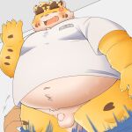  1:1 2023 anthro balls belly big_belly clothing duo eyes_closed felid flaccid genitals hi_res humanoid_hands kemono male mammal navel overweight overweight_male pantherine penis puss3250 shirt small_penis solo_focus tiger topwear 