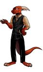  absurd_res anthro bottomwear claws clothing collared_shirt dragon effarreturns hand_on_hip hi_res horn male pants pawpads red_dragon scalie simple_background solo topwear vest western_dragon white_background xaldin 
