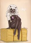  2023 anthro anthrofied areola bra breasts clothing cloven_hooves crossed_legs female generation_8_pokemon hay hay_bale hi_res hooves horn looking_at_viewer nintendo pokemon pokemon_(species) seriousb sitting solo underwear wooloo 