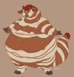  anthro artist_name belly big_belly brown_background brown_body female front_view giraffe giraffid green_eyes hair hi_res huge_belly hyper hyper_belly mammal markings morbidly_obese mouth_closed nude obese orange_eyeshadow overweight red_hair roobin simple_background solo standing striped_arms striped_body striped_legs striped_markings striped_tail stripes tail tail_markings 