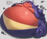  2023 ambiguous_gender anthro belly bellylliumu big_belly black_sclera claws garchomp generation_4_pokemon hyper hyper_belly immobile japanese_text moobs morbidly_obese morbidly_obese_ambiguous morbidly_obese_anthro motion_lines nintendo obese obese_ambiguous obese_anthro overweight overweight_ambiguous overweight_anthro pokemon pokemon_(species) shocked_expression simple_background sitting solo spikes text weight_gain 