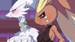  16:9 anthro big_breasts black_pupils black_sclera blonde_eyebrows blue_eyes blush bodily_fluids breast_size_difference breasts brown_body brown_ears collarbone drunk_oak duo eyebrows fur generation_4_pokemon generation_5_pokemon hi_res iris legendary_pokemon lopunny medium_breasts multicolored_body multicolored_fur nintendo pokemon pokemon_(species) pupils red_eyes reshiram side_view tears white_body white_fur widescreen yellow_body yellow_ears yellow_fur 