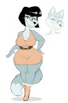  2023 absurd_res anthro big_breasts black_hair breasts canid canine canis cleavage clothed clothing dress female fur grey_body grey_fur hair hi_res looking_at_viewer mammal simple_background smile smiling_at_viewer solo thick_thighs usnarbit wide_hips wolf 