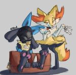  ambiguous_gender anthro bdsm bitkat blindfold bound braixen choker collar feet generation_4_pokemon generation_6_pokemon jewelry key lock lucario mask necklace nintendo pawpads paws pink_pawpads pokemon pokemon_(species) restraints simple_background soles stocks taunting trapped 