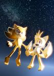  absurd_res anthro canid canine duo eulipotyphlan fox hedgehog hi_res male mammal miles_prower powering_up sega smpthehedgehog sonic_the_hedgehog sonic_the_hedgehog_(series) space super_form super_sonic super_tails 